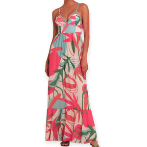 PatBO Rio Bustier Printed Long Maxi Dress Pink Blue Size 8 New With Tags